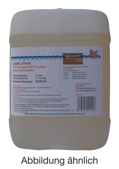 JUDO Produkt in einer 5 Liter Flasche, Beschreibung in deutscher Sprache. Warnhinweise und Anleitungen zur sicheren Handhabung auf dem Etikett. Nicht für Trinkwasser verwenden.